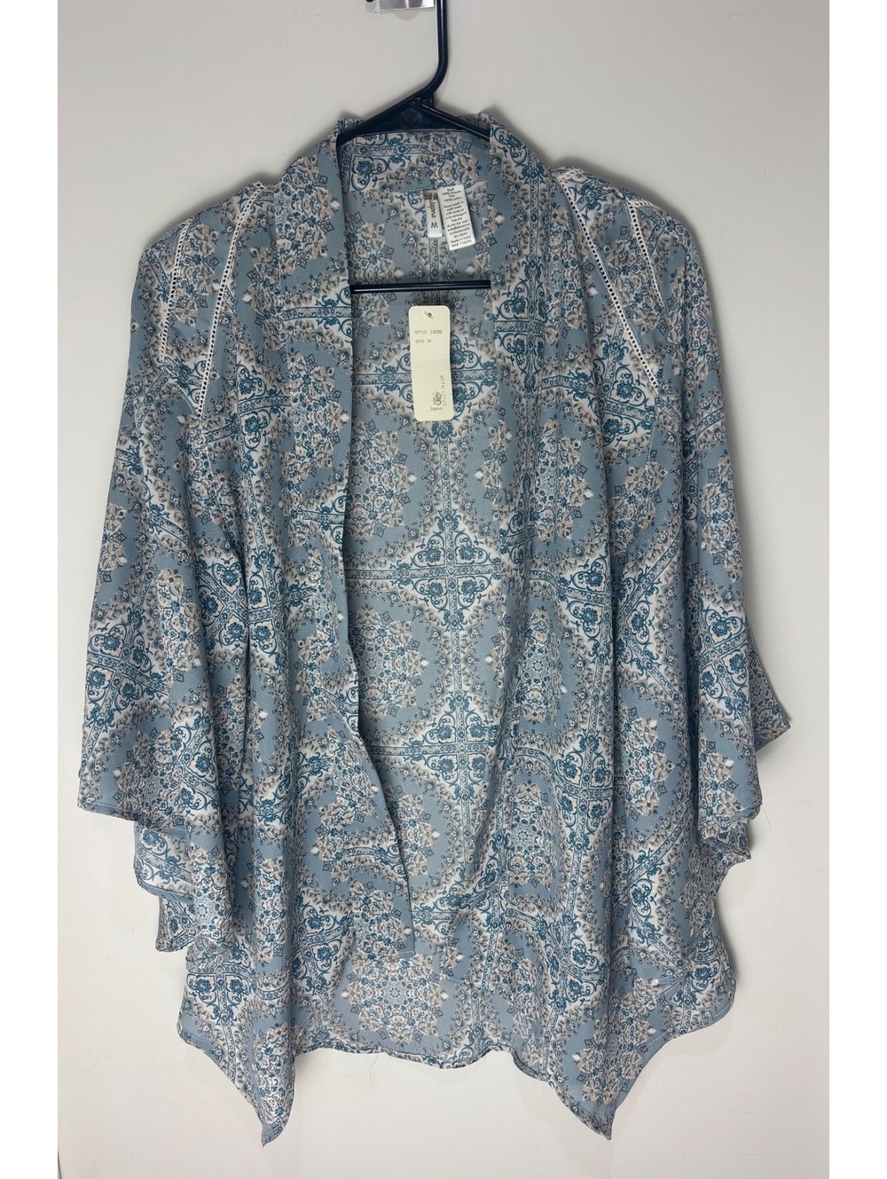 Japna Women’s M Blue Paisley Kimono NWT Boho Open Front Crochet Trim